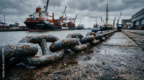 Large anchor chain on dock waterfront.