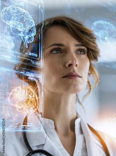 female doctor analyzing AI medical interface