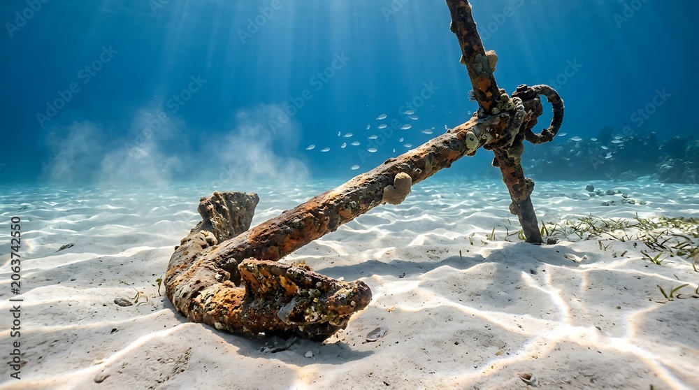 Naklejka premium Rusty anchor on ocean floor sand.