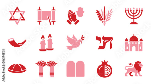 Foto Collection of Jewish religious and cultural symbols in pink and red colors