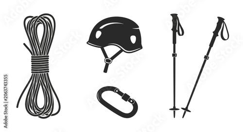 Obraz na plátně Climbing equipment set with rope helmet carabiner