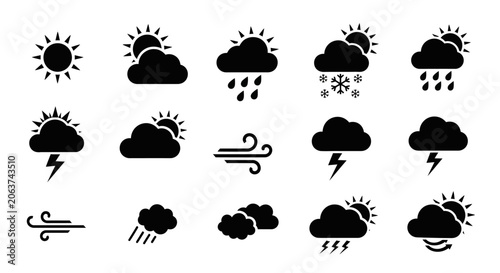Slika na platnu Weather forecast icons set with sun clouds rain snow and wind symbols on white b