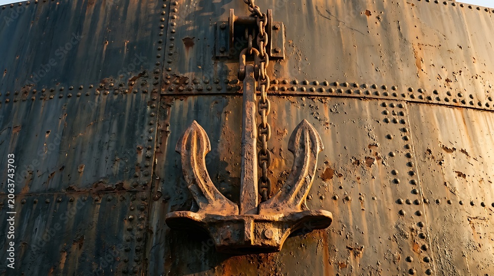Naklejka premium Rusty ship anchor on wooden hull.