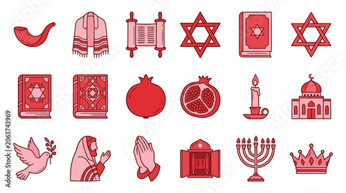 Schilderij op canvas Collection of Jewish religious symbols and cultural icons in red and pink tones, representing faith and tradition
