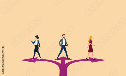 Photos Professional business people walk in different directions on purple arrows as a