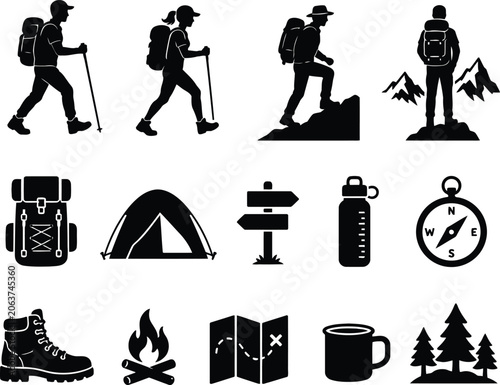 A collection of black silhouette icons representing hiking, camping, and outdoor adventure, featuring people, gear, and nature elements, isolated on a clean white background.