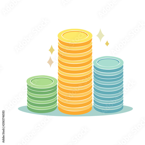 Three stacks of colorful coins with sparkles
