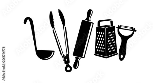 Foto Kitchen utensils icons including spatula tongs grater peeler and chopper on whit