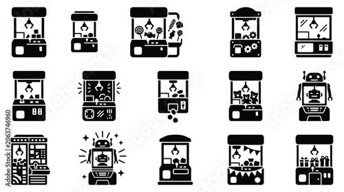 Foto Collection of black and white icons representing various arcade claw machines and prize vending games