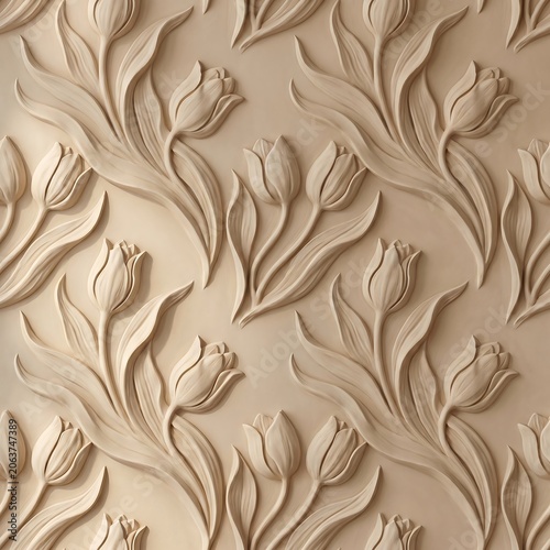 Light Tan Plaster Wall Texture With Embossed Tulip Floral Pattern