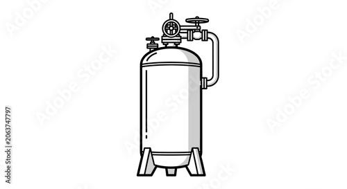 Industrial High Pressure Gas Cylinder Tank with Valve and Pressure Gauge Line Art Illustration