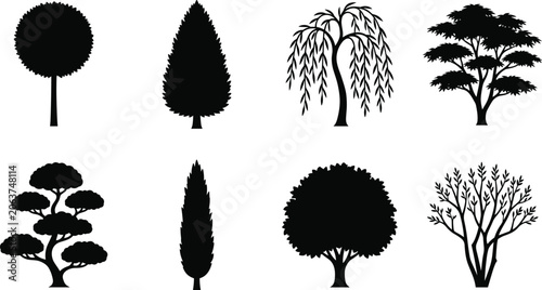 Schilderij op canvas Tree Silhouette Collection Featuring Diverse Ornamental and Landscape Tree Speci