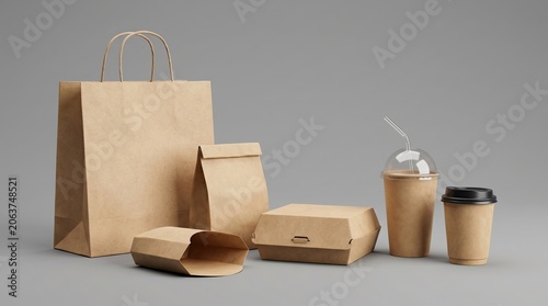 Brown paper food and coffee containers arranged on a gray surface