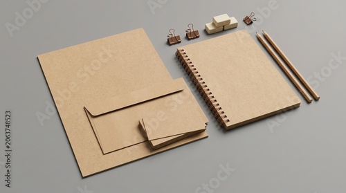Brown cardboard stationery items and pencils on gray surface with stapler
