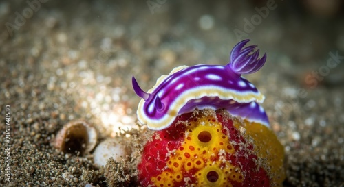 Vibrant Purple and Yellow Nudibranch Resting on Red Coral