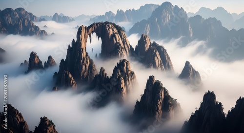 Majestic mountain peaks emerging through ethereal mist and clouds