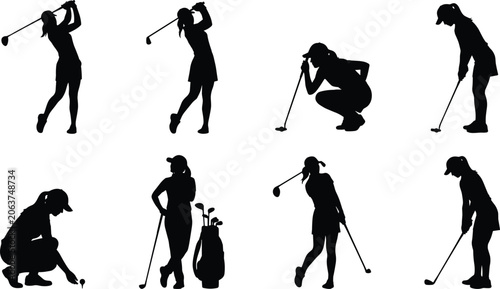 Photos Women Golf Player Silhouette Collection with Swing, Putting, and Tournament Pose