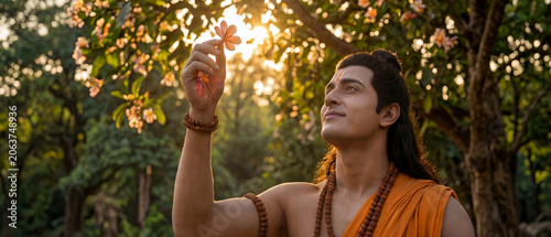 Hindu Lord Rama Holding Sacred Flower In Forest At Sunrise generative ai