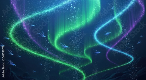 Ethereal Underwater Aurora With Swimming Creatures