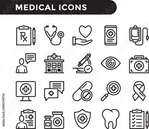 Medical icons set in modern line style, healthcare and hospital vector symbols, 20 black outline clinic and medicine signs for web design