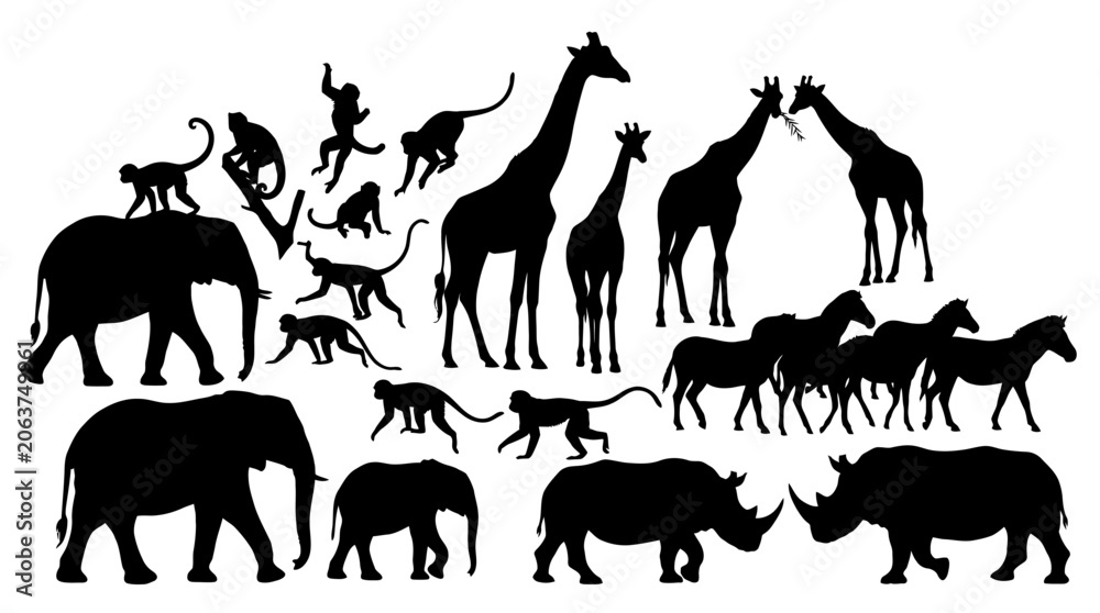 Fototapeta premium Black silhouettes of various African savannah animals.