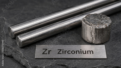 Metal rods and a metallic piece of zirconium displayed on a dark stone surface with a label showing the element symbol and name