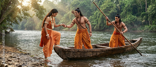 Lord Rama Helping Sita Board A Boat While Lakshmana Guides River Crossing During Exile generative ai