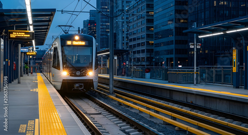 Modern light rail train arriving at a city station platform during twilight hours