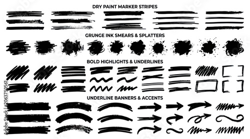Tableau sur toile Graphic illustration of various dry paint marker stripes and cringe ink shears with bold highlights and underline banners