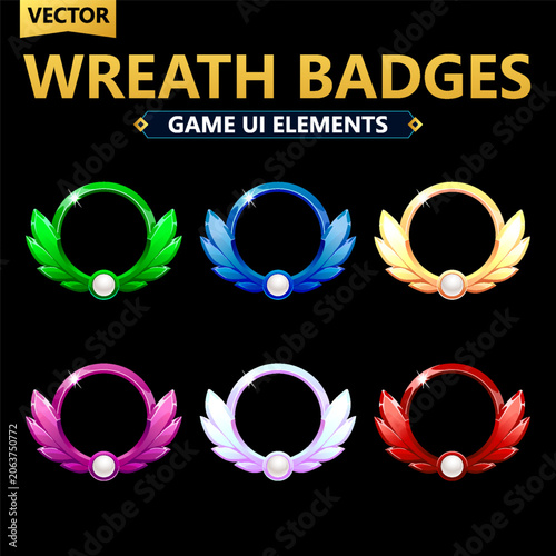 Vector Wreath Badges Game UI Elements Set Colorful Achievement Frames for RPG and Mobile Games