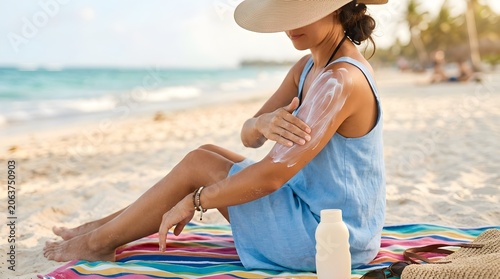 Close Up Sunscreen Application on Skin with Tropical Beach Background