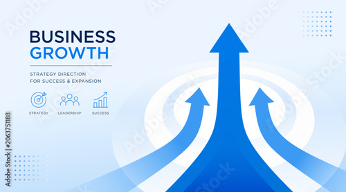 Business growth vector with upward arrows, strategy direction and success roadmap for corporate presentation banner design. Business growth illustration featuring expansion, leadership and achievement