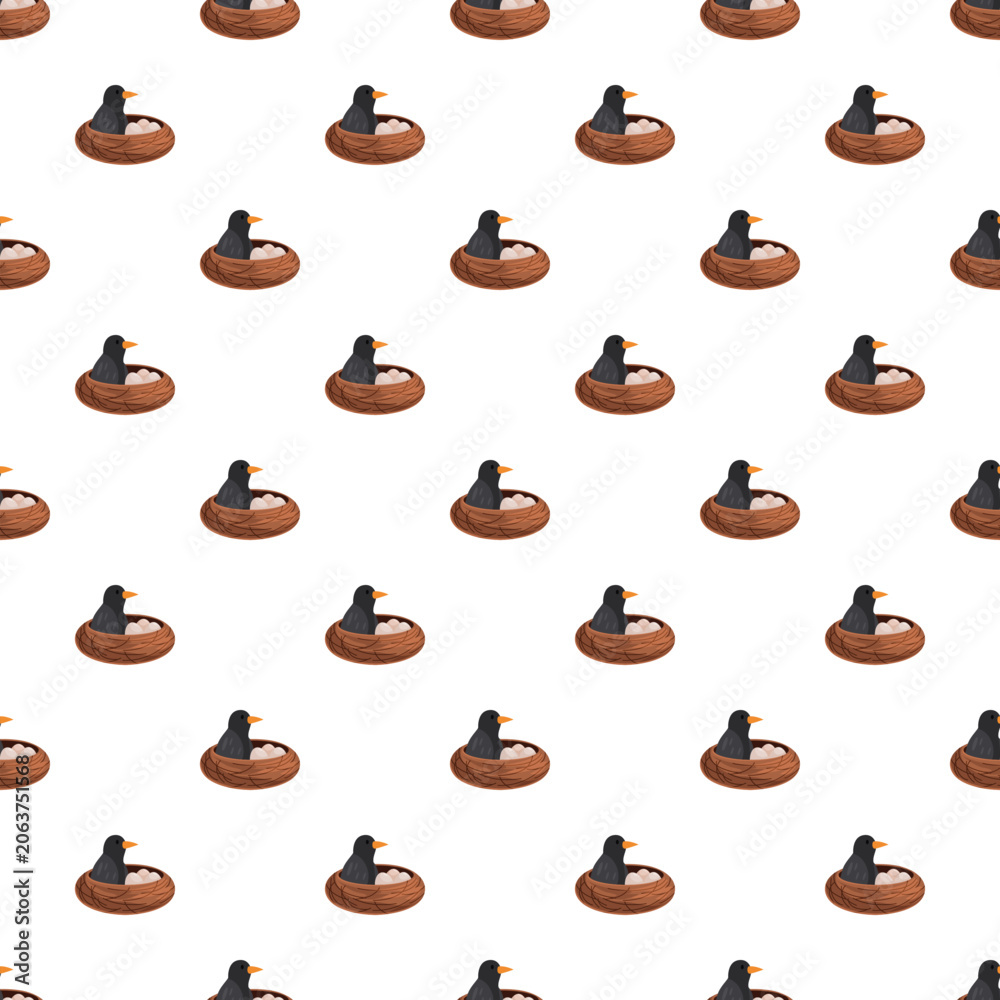 Fototapeta premium Small black birds sitting on brown nests with white eggs creating a continuous pattern