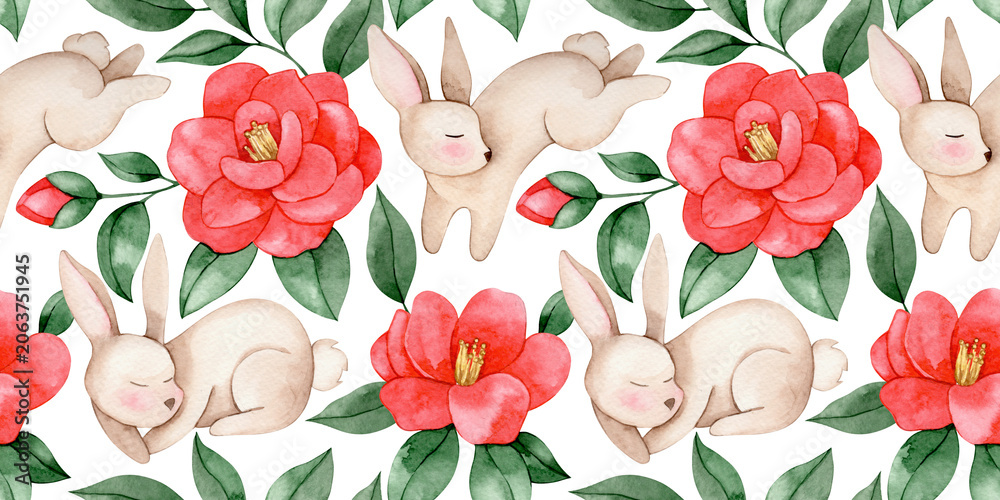 Fototapeta premium Easter pattern with cute watercolor Easter bunnies and pink flowers
