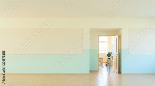 Back To School Learning Moments, Child Walking into Bright and Airy School Room