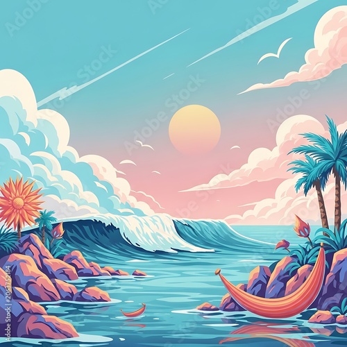 Vibrant Tropical Beach Sunset with Crashing Waves and Palm Trees.