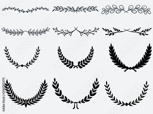 Set of black circular foliate laurels branches. Laurel wreath .Silhouette laurel wreath. Heraldic trophy crest, Greek and Roman olive branch award, winner round emblem. Vector black laurels set