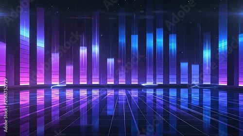 Abstract digital audio equalizer bars on a reflective dark stage