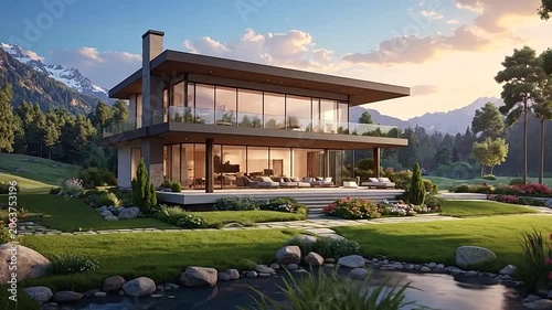 A modern luxury villa sits in a serene mountain landscape setting