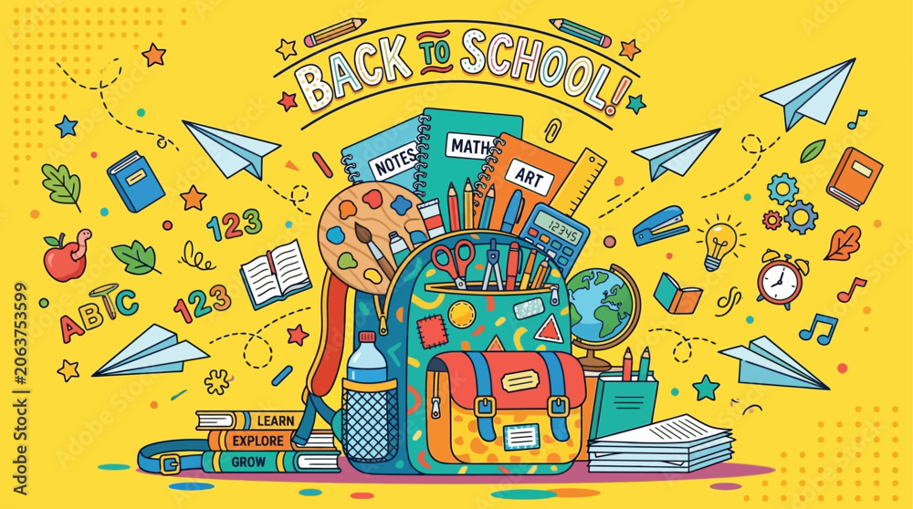 Obraz premium A colorful illustration of school supplies and objects flying around a backpack on a yellow background for a Back to School event.