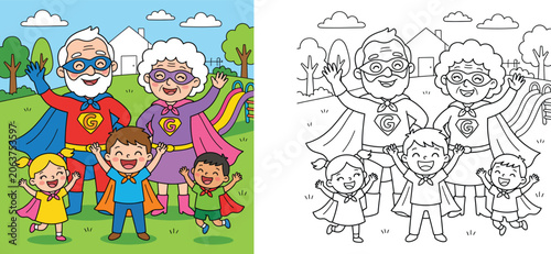 Superhero grandparents with grandkids in park coloring page and color vector illustration. Cute cartoon grandparents and children wearing superhero capes and masks.