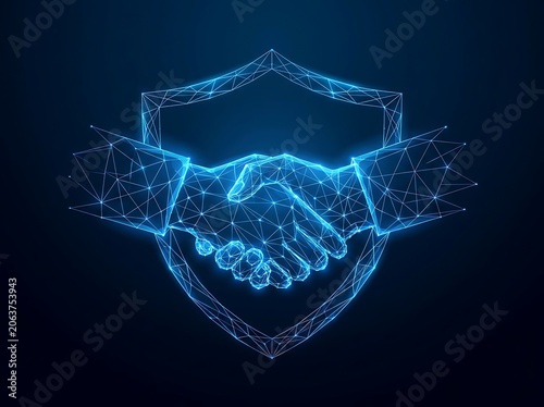 Digital handshake agreement with shield icon futuristic polygon network security concept
