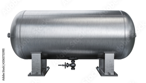 Foto Large metallic horizontal cylindrical storage tank with valve, isolated on trans