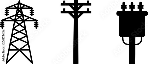 Power grid electricity transmission icon set featuring high voltage utility tower steel pylon wooden electric pole and distribution transformer silhouette isolated on white background.