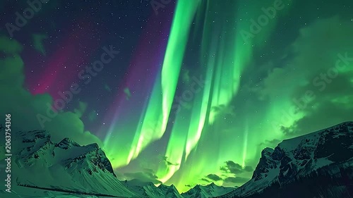 Vibrant green lights dance above snowy mountain peaks at night