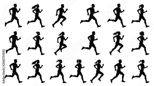 Detailed black vector silhouette illustration of diverse men and women athletes running in motion poses