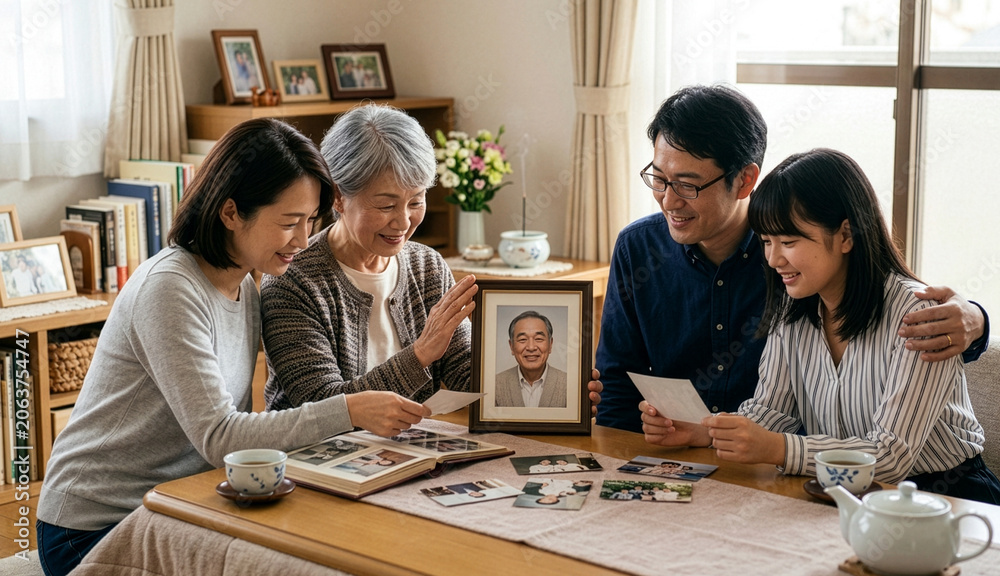 Fototapeta premium 故人の肖像写真を囲み思い出を語り合う家族と温かい光