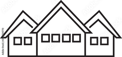 Black outline of three simple houses with pitched roofs and square windows, representing real estate, housing, property, also transparent background
