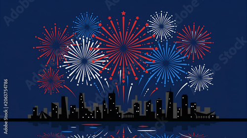 Red white and blue fireworks bursting over a city skyline silhouette at night