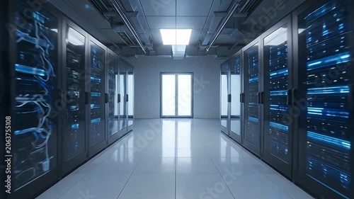 A modern server room with rows of glowing computer hardware units